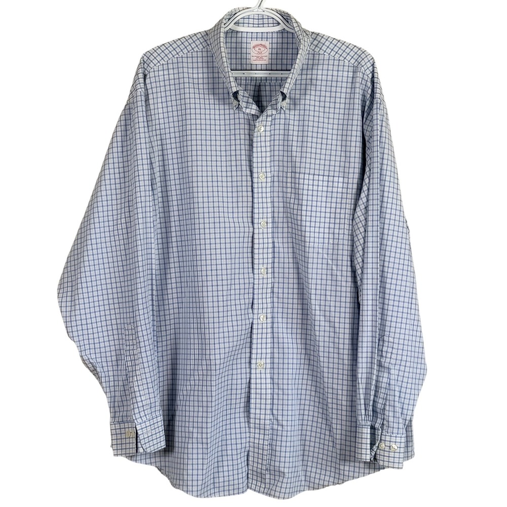 Brooks‎ Brothers 346 Button Down Shirt Mens XL Blue White Check Non-Iron Cotton